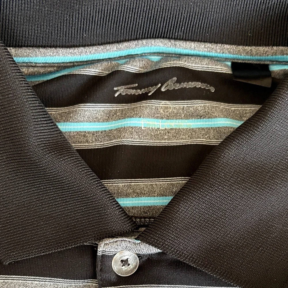 Tommy Bahama Black and Gray Striped Polo. XXL